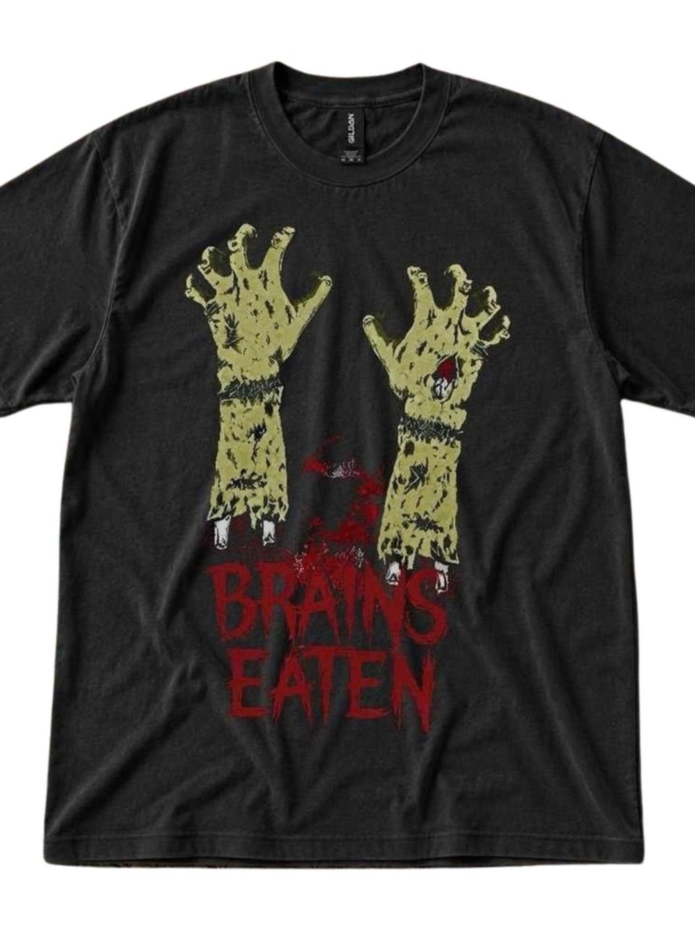 Gildan Black Graphic 'Brains Eaten' Tee with Yellow-Green Zombie Hands